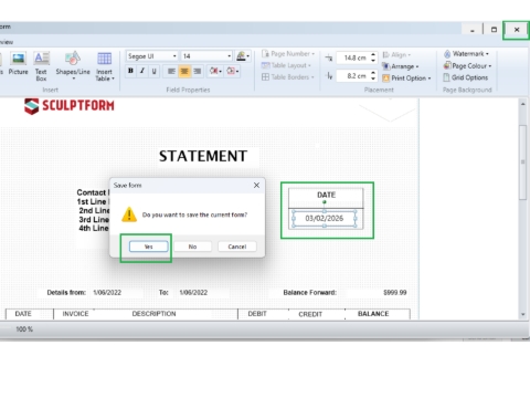 <p>It will display the <strong>SFM Statement format</strong>.</p><p><br>Update the date to the <strong>current date</strong>, then close the window.</p><p><br>A pop‑up message will appear asking if you want to save — click <strong><em>Yes</em></strong>.</p>
