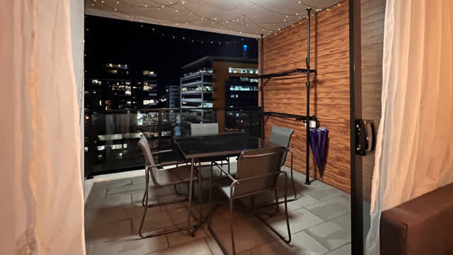 <p>You can turn on the fairy lights on the balcony by using the switch for external plugs on the wall. Please make sure to turn it off after.</p>