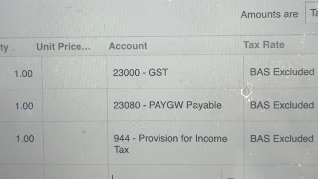 <p>There will be 3 accounts
Gst for gst
PAYGW for wages
Provision for quarterly payments</p>