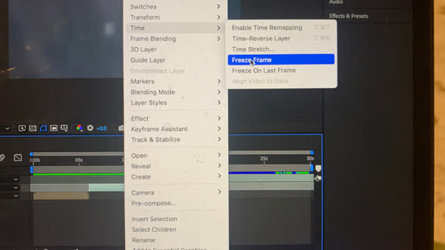 <p>If you want a still photo go to where you want it and cut with shift command D.
Go to the bottom cut.
Right click and choose time and freeze frame.
Now precompose it.</p>