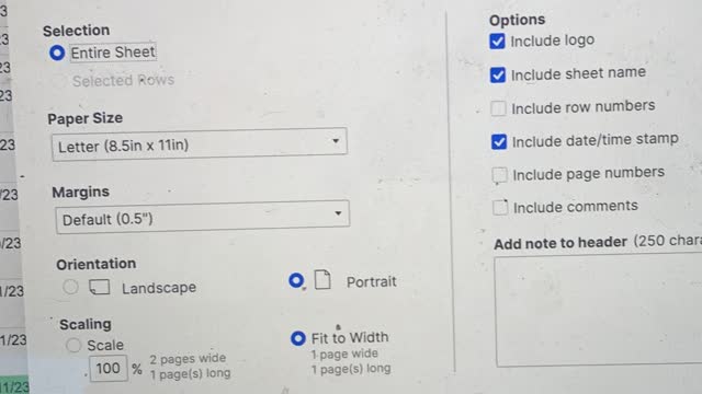 <p>Now export to pdf and email.
You should have chosen.
Entire sheet.
Portrait.
Fit to width.
Logo.
Sheet name.
Date time stamp.</p>