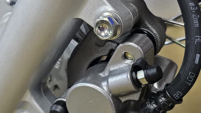 <p>Ensure the front brake caliper is clean and observe the condition of the brake pads</p>