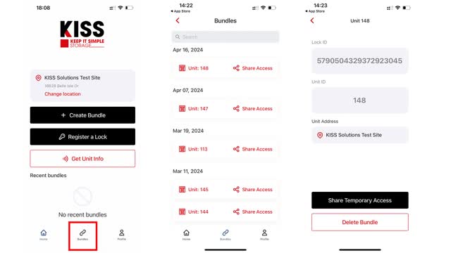 <p>Deleting a Bundle can be done from the App</p>
<ul>
<li>Select bundles from the home screen located in the middle bottom</li>
<li>Find the unit you want to remove a lock from. Remove the lock from the unit first</li>
<li>Click Delete Bundle</li>
<li>This lock is still in the database at the location it was registered to, just no longer assigned to a unit.</li>
</ul>
