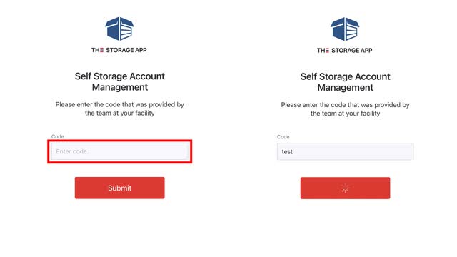 <p>Open The Storage App, and enter the Code provider by your facility.</p>
<p>Code should have been received in welcome text/email from the facility you rented from.</p>