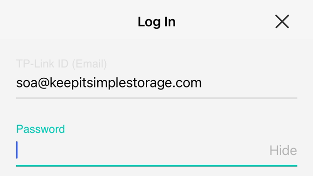 <p>Once the "Kasa Smart" application has completed install and you confirmed that permission is granted to local networks you can login in with the following credntials:</p>
<p>Username: soa@keepitsimplestorage.com</p>
<p>Password: <em>hidden while KnowBy is set to public</em></p>
