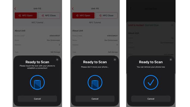 <p>Espere a que se abra la ventana emergente con "Ready to Scan" antes de sostener el teléfono contra la cerradura.</p>
<p>Una vez que el teléfono establezca una conexión, MANTENGA el teléfono quieto hasta que reciba una marca de verificación azul.</p>
<p>Si recibe un Wrong Code/Tag Connection Lost, moviendo su teléfono después de conectarse</p>