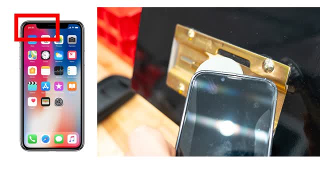 <p>Para Apple Iphone, sostenga la parte superior izquierda de la pantalla y cubra la mitad inferior del círculo de la antena en la cerradura.</p>
<p>Si recibe un Wrong Code/Tag Connection Lost, retire su teléfono del bloqueo. Toque "Abrir con NFC" y luego ubique el teléfono como se muestra y MANTENGA el teléfono quieto.</p>