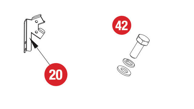 <p>The next step requires the following supplied parts:
Item 20:</p>
<ul>
<li>Horn Mounting Bracket
Item 42:</li>
<li>Hex Head Bolt M6 (20 x 1.0mm) (H10)</li>
<li>Spring Washer M6</li>
<li>Flat Washer M6 (22.5 x 6.5 x 2.5mm)</li>
</ul>