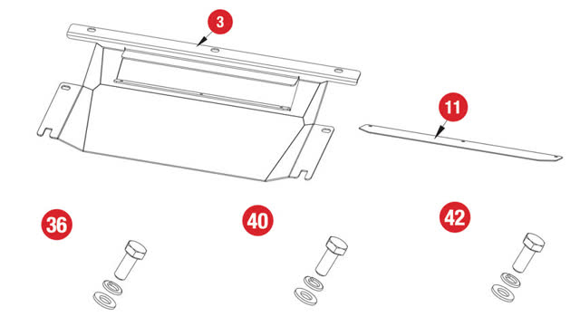 <p>The next step requires the following supplied parts:
Item 3:</p>
<ul>
<li>Underbody protection plate
Item 11:</li>
<li>Air trap plate
Item 36:</li>
<li>Hex Head Bolt M10 (30 x 1.5mm) (H17)</li>
<li>Spring Washer M10</li>
<li>Flat Washer M10 (50 x 12 x 3.0mm)</li>
</ul>