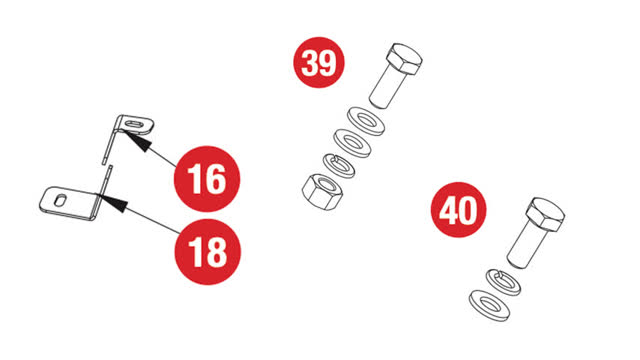 <p>The next step requires the following supplied parts:
Item 16:</p>
<ul>
<li>Side wing protection plate bracket 1 - LHS
Item 18:</li>
<li>Side wing protection plate bracket 2 - LHS</li>
</ul>