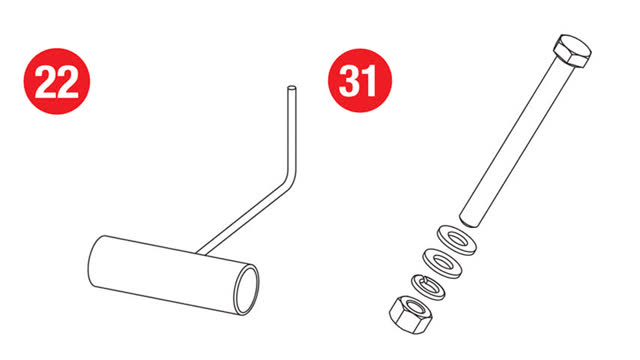 <p>The next step requires the following supplied parts:
Item 22:</p>
<ul>
<li>Wired crush tube
Item 31:</li>
<li>Hex Head Bolt M12 (110 x 1.75mm) (H19)</li>
<li>Flat Washer M12 (36.5 x 14 x 4.0mm)</li>
<li>Spring Washer M12</li>
<li>Hex Nut M12 (H19)</li>
</ul>