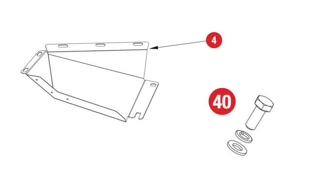 <p>The next step requires the following supplied parts:
Item 4:</p>
<ul>
<li>Side wing protection plate - LHS
Item 40:</li>
<li>Hex Head Bolt M8 (20 x 1.25mm) (H13)</li>
<li>Spring Washer M8</li>
<li>Flat Washer M8 (22.5 x 8.5 x 2.5mm)</li>
</ul>