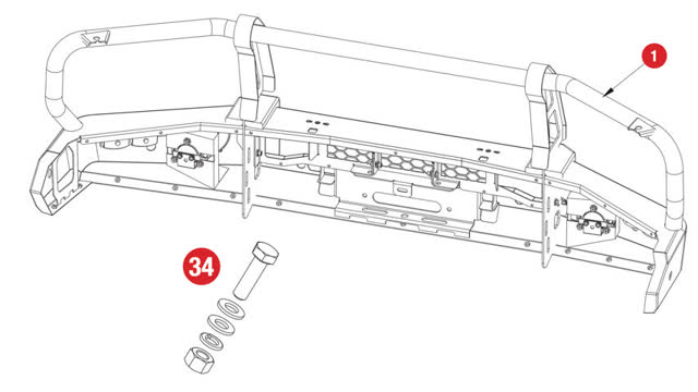 <p>The next step requires the following supplied parts:
Item 1:</p>
<ul>
<li>Bull bar assembly
Item 34:</li>
<li>Hex Head Bolt M12 (40 x 1.25mm) (H19)</li>
<li>Flat Washer M12 (36.5 x 14 x 4.0mm) x 2</li>
<li>Spring Washer M12</li>
<li>Hex Nut M12 (H19)</li>
</ul>