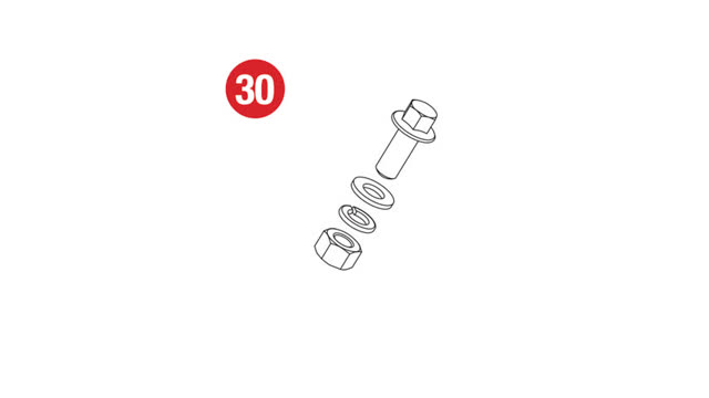 <p>The next step requires the following supplied parts:
Item 30:</p>
<ul>
<li>Flange Hex Head Bolt M10 (30 x 1.25mm) (H17)</li>
<li>Flat Washer M10 (29.5 x 10.5 x 3.0mm)</li>
<li>Spring Washer M10</li>
<li>Hex Nut M10 (H17)</li>
</ul>