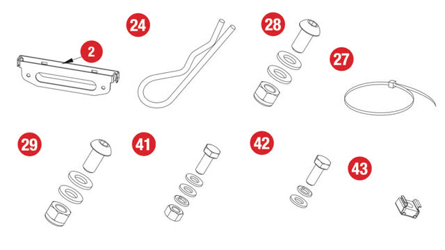 <p>The next step requires the following supplied parts:
Item 2:</p>
<ul>
<li>Number plate flip bracket
Item 24:</li>
<li>Wired spring clip
Item 27:</li>
<li>Zip ties
Item 28:</li>
<li>Dome Hex Head Bolt M10</li>
<li>Flat Washer M10</li>
<li>Nyloc Nut M10</li>
</ul>