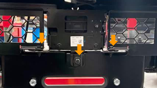 <p>Secure radar in place using the previously removed hardware.</p>
<p>Note: Front face of the radar should be perpendicular to the ground.
If not, adjust the 8mm bolt on the front of the radar to fine-tune.</p>
