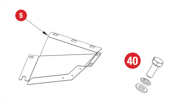 <p>The next step requires the following supplied parts:
Item 5:</p>
<ul>
<li>Side wing protection plate - RHS
Item 40:</li>
<li>Hex Head Bolt M8 (20 x 1.25mm) (H13)</li>
<li>Spring Washer M8</li>
<li>Flat Washer M8 (22.5 x 8.5 x 2.5mm)</li>
</ul>