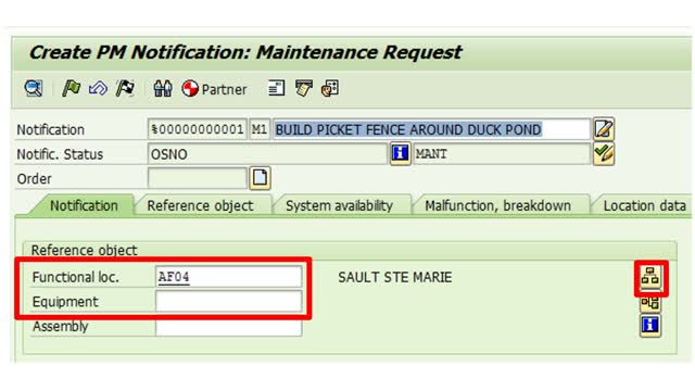 <p>Enter the <strong>Equipment or Functional Location ID</strong>. If unknown, enter the Maintenance Plant in the Functional Location field. Use the Structure List button to view the asset hierarchy and locate the object. Select the object by clicking the icon on the left, highlight the line, and click the green check. Fields will auto-populate.</p>
