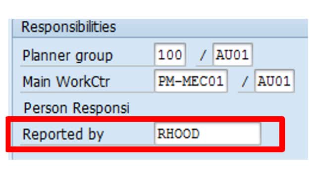 <p>Enter the name of the person requesting the work in the Reported by field. We are recommending that for consistence, you use the person’s SAP User name (typically first initial of first name and last name).</p>
