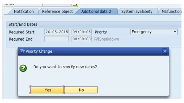 <p>You may get a window to change dates and times. For <strong>IW26</strong>, select "No" to let normal work order priority scheduling assign dates. For <strong>IW24</strong> or <strong>IW25</strong>, select "Yes" to indicate the start time for Breakdown and Inspection Activities that have already occurred. This opens the next window to change start/stop dates and times.</p>
