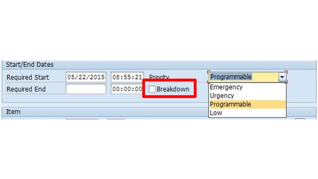 <p>Select the priority. (IW25/IW26: "Notification" tab; IW24: "Additional data 2" tab.)</p>
<ul>
<li>Emergency: Breakdown, no planning. Check Breakdown box, enter start/end times (M2)</li>
<li>Urgent: Immediate action, some planning</li>
<li>Programmable: Schedule for next downtime or during uptime</li>
<li>Low: Can be deferred</li>
</ul>
<p>For IW24, check Breakdown box, enter start/stop times.</p>

