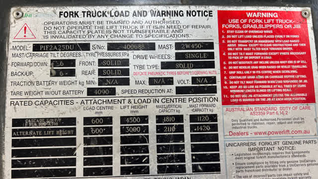 <p>Forklift Rating Plate </p><ul><li>Should be readable</li></ul>