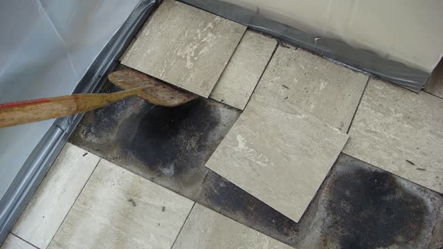 <p>For larger areas, lift the flooring using a shovel. This speeds up the job and avoids kneeling close to the flooring.</p>