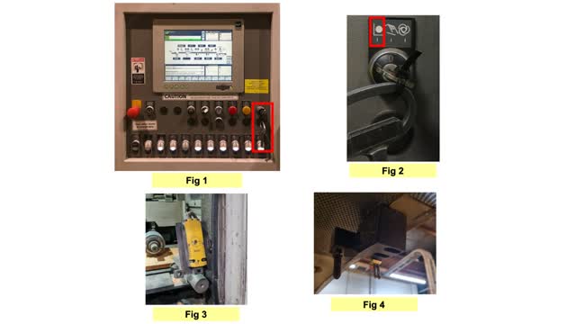 <h4>Set Planer to Setup Mode</h4>
<ul>
<li>Turn the selector key on the planer control panel to the left to enter setup mode (Fig 1)</li>
<li>Remove the key and hang it on the lockout board to prevent accidental changes (Fig 2)</li>
<li>Ensure the Safety Interlock prevents hood opening until parts stop (Fig 3, 4)</li>
</ul>