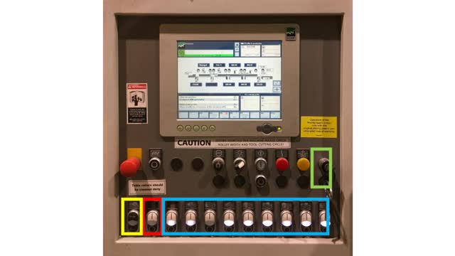 <h4>Pre-Start and Start-Up Sequence</h4>
<ul>
<li>Ensure hood is down and Safety Interlock is activated</li>
<li>Switch from setup to manual mode (middle position)</li>
<li>Select or verify profile on touch screen</li>
<li>Start heads one at a time, ensuring each reaches speed</li>
<li>Jog feed roller forward</li>
<li>Switch to automatic mode (right)</li>
<li>Activate automatic feed roller</li>
</ul>