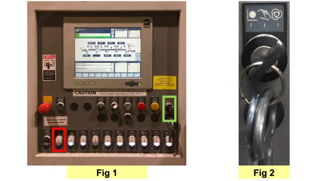 <h4>Feed and Monitor</h4>
<ul>
<li>Feed board using jog button</li>
<li>Ensure proper holding by rollers, fences, etc.</li>
<li>Check board size, shape, finish</li>
<li>Switch to auto feed (Fig 1 green)</li>
<li>Start feed (Fig 1 red)</li>
<li>Feed boards butt to butt</li>
<li>Check output every 30 mins</li>
<li>Communicate and check size/CAD regularly</li>
<li>Optimize throughput</li>
</ul>