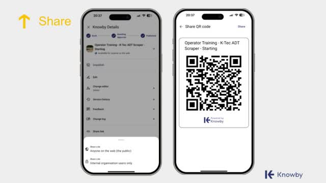 <p><strong>SHARE</strong></p>
<ul>
<li>Share a Link - Share your knowby with others using a web link.</li>
<li>Share a QR Code - Share your knowby with a QR Code placed on packaging or equipment.</li>
</ul>