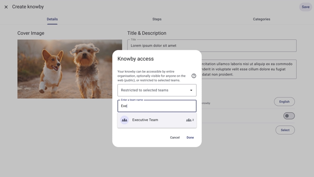 <p>2.0 Ability to restrict access by SOP or category dependent on user profile/permissions.</p>
<blockquote>
<p>Knowby's Team feature includes this functionality in the next release, enabling the restriction of sensitive information to specific teams or individuals.</p>
</blockquote>