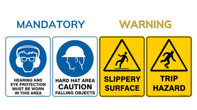 <p><strong>Mandatory</strong>
Hearing and eye protection must be worn
Head protection must be worn</p>
<p><strong>Warning</strong>
Slippery surface
Trip hazard</p>