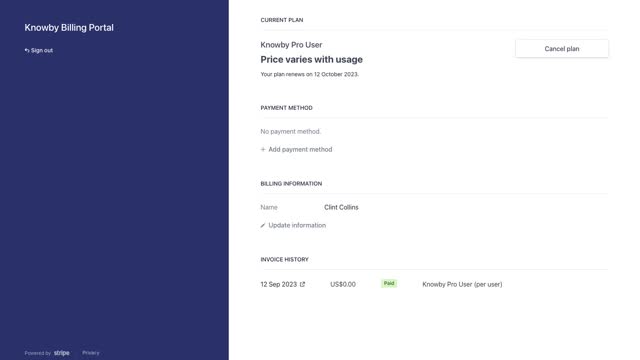 The Knowby Billing Portal will open in a new browser window.  In the Billing Portal you can update your Payment Method,or Billing Information, view your Invoice History or cancel your Knowby Pro plan.  If you require any assistance, please reach out to us at support@knowby.co