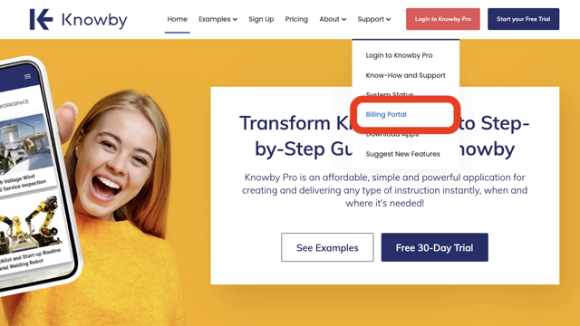 Start by navigating to the Knowby.co website (www.knowby.co), then select **Support** > **Billing Portal** from the navigation menu.