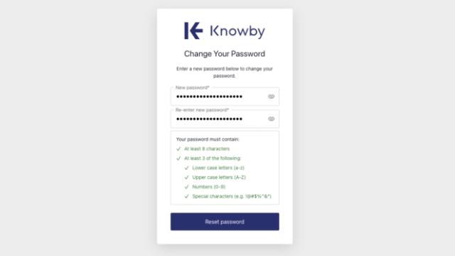 Ensure your password meets to the required standard; you will see green ticks next to all of the standards when each specific requirement is met.  Then click **Reset password**