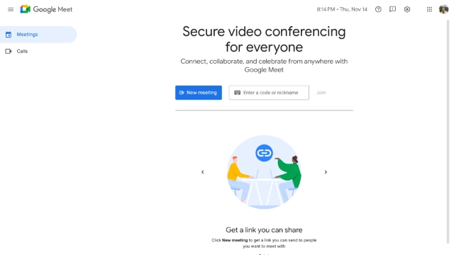 <h4><a href="https://meet.google.com/landing">Google Meet</a></h4>
<p>Not just for meetings, Google Meet can be used to grab quick recordings of your screen when you're not in the mood to install a new software program or create a new account. Simply open your Chrome browser, click the nine dots in the top right corner, and choose Google Meet. From there, you can start a new meeting and record your screen with ease.</p>