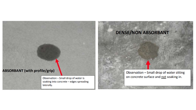 <p><strong>Ensure concrete is clean and absorbent</strong></p>
<p>How To Test For Absorbancy:</p>
<ol>
<li>Ensure the concrete surface is dry and free from dampness</li>
<li>Apply a small amount of clean water to each test spot/site (approx 20ml)</li>
<li>Wait 15–20 mins; check for absorbency—water should not sit as droplets.</li>
<li>If absorbent, with profile and grip, proceed with flooring installation.</li>
<li>If not absorbent, prep the surface. Burnished or dense floors may need diamond grinding for adequate profile and absorbency.</li>
</ol>
