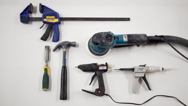<p>Locate the tools required for jointing a Hygenius solid surface worktop:</p>
<ol>
<li><p>3 x clamps</p>
</li>
<li><p>Orbital sander</p>
</li>
<li><p>Solid surface glue gun</p>
</li>
<li><p>Hot melt glue gun and glue</p>
</li>
<li><p>Hammer</p>
</li>
<li><p>Chisel</p>
</li>
</ol>
