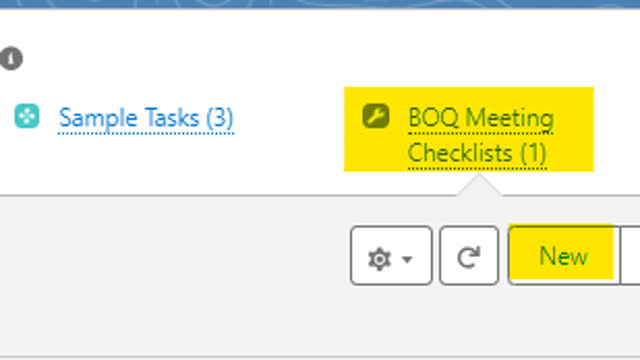 <p>BOQ Meeting Checklist: This can be found on the project card. To create a new BOQ checklist, go to the Related List Quick Links section & hover over BOQ Meeting Checlists & select 'NEW'.</p>