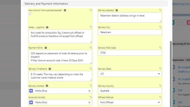<p>BOQ Checklist - Delivery & Payment Information
Once all this information is filled out make sure you 'Save'.
Ensure that both delivery and account contact fields are correct and have all the relevant details i.e Mobile number and email.</p>