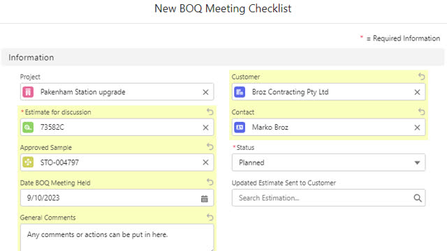 <p>Filling in the BOQ Checklist - Information Section
This section is relating to the Estimate, Sample for approval, Customer & any general comments.</p>