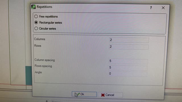 <p>For the SM50 pattern tick "Rectangular series", place 2 in the Column, 2 in the Rows, 5 in the Column spacing &amp; 5 in the Rows spacing fields and click OK.</p>
