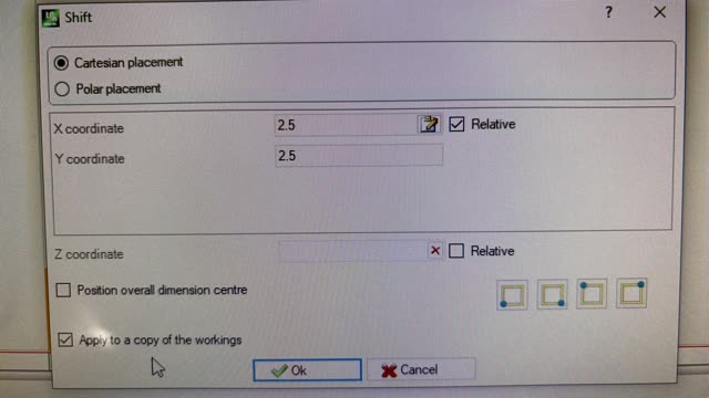 <p>Ensure "Cartesian placement" is selected
To create standard SM50 pattern enter 2.5mm into both the X and Y coordinates
Relative to the first press. Tick "Apply to a copy of the workings"
This will create a copy of the first press that is 2.5mm across &amp; 2.5mm up the panel.</p>
