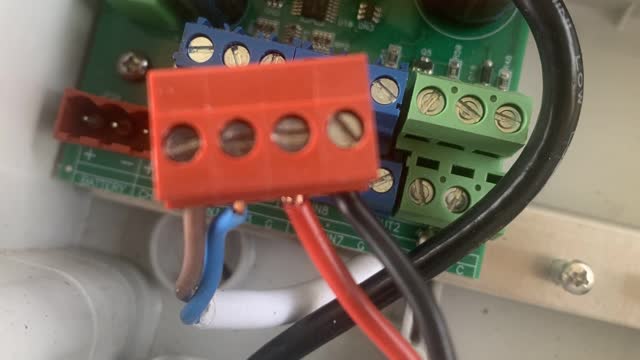 <p>Wire in and tighten firmly but not over tight.
Red on left.
Black on right.
Make sure no threads of wire are left outside the connector.</p>