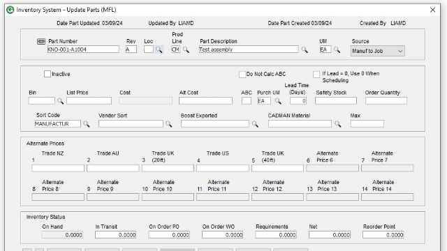 <p>Set source code for GSS in the “cost center” tab: M = Manufactured to Stock, P = Purchase to Stock, F = Manufactured to Job, J = Purchase to Job</p>
<p>Set Sort code for GSS in “authority” tab: Purchased // Manufactur</p>
<p>Set Product line in the “company” tab:“CM” is default</p>