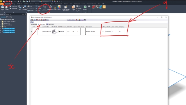 <p>When exporting a file from Inventor</p>
<ul>
<li>Go to Bill of Materials in assembly tab</li>
</ul>
<p>X: make the structured and part bom active (right click, activate if not)
Y: ensure the Subject/Authority/Cost Center/Company are filled out</p>
<p>Check out all files, and see next step if data is missing</p>