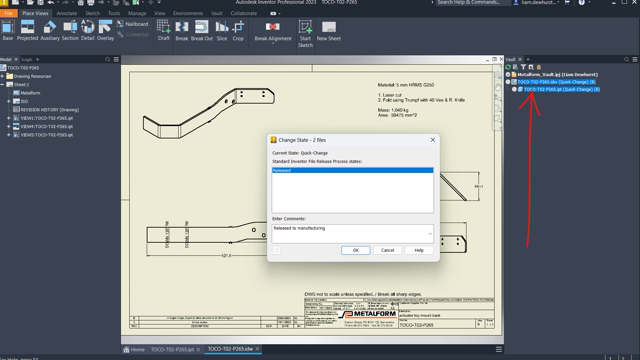 <p>State change: Released</p>
<p>right click and change back to released. This pushes a job for a new pdf/step/dxf to the job processor. This continues in the background and once this is done you can close the files.</p>
<p>#note: If this step is skipped. The production files won't update!</p>
