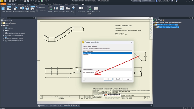<p>State options: Quick Change</p>
<ol>
<li>A transition to "work in progress" will uprev (to C, in this case). See comment.</li>
<li>Quick change allows you to stay at the same rev - but make edits to the file.</li>
<li>Obselete posts a red "obselete" tag on the pdf and indicates it shouldn't be used.</li>
</ol>
