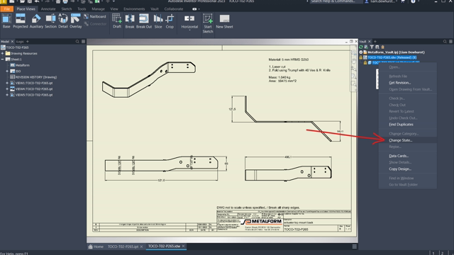 <p>Always change state from drawings</p>
<p>To edit these parts they need to be in the right state. Select the part and drawing and "change state"</p>
